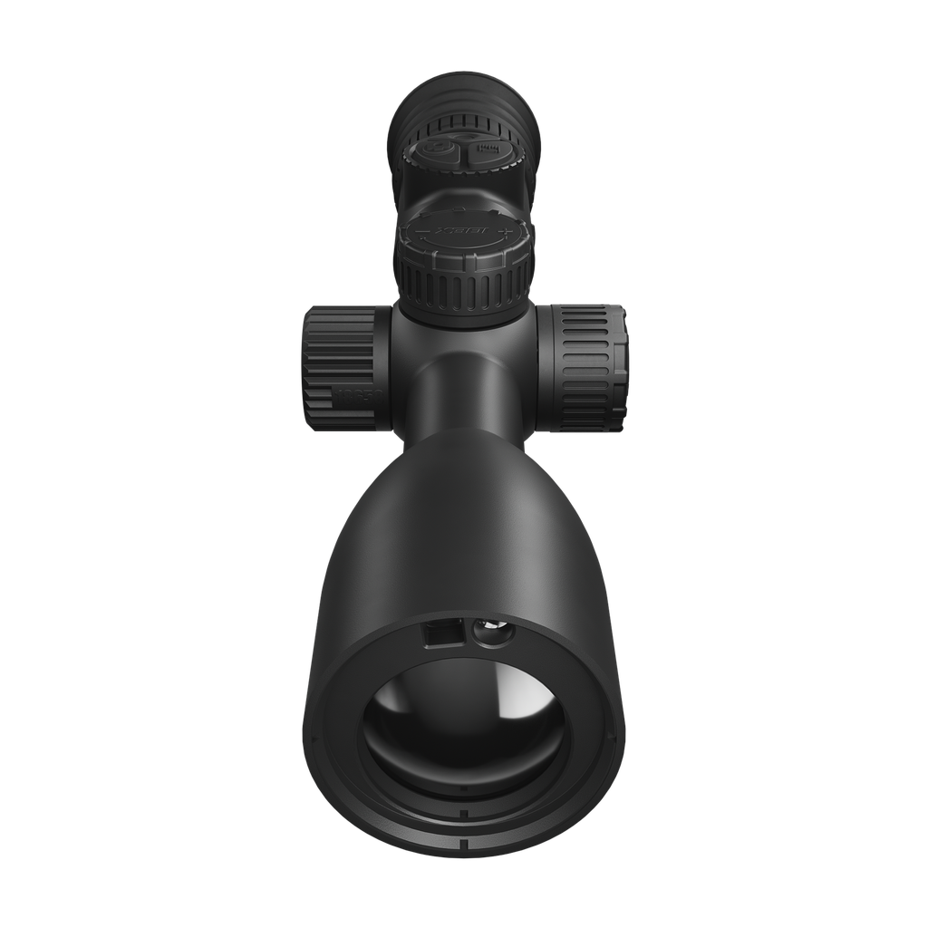 ThermTec IBEX 335L thermal tube scope in black, front end-on view of objective lens and turrets