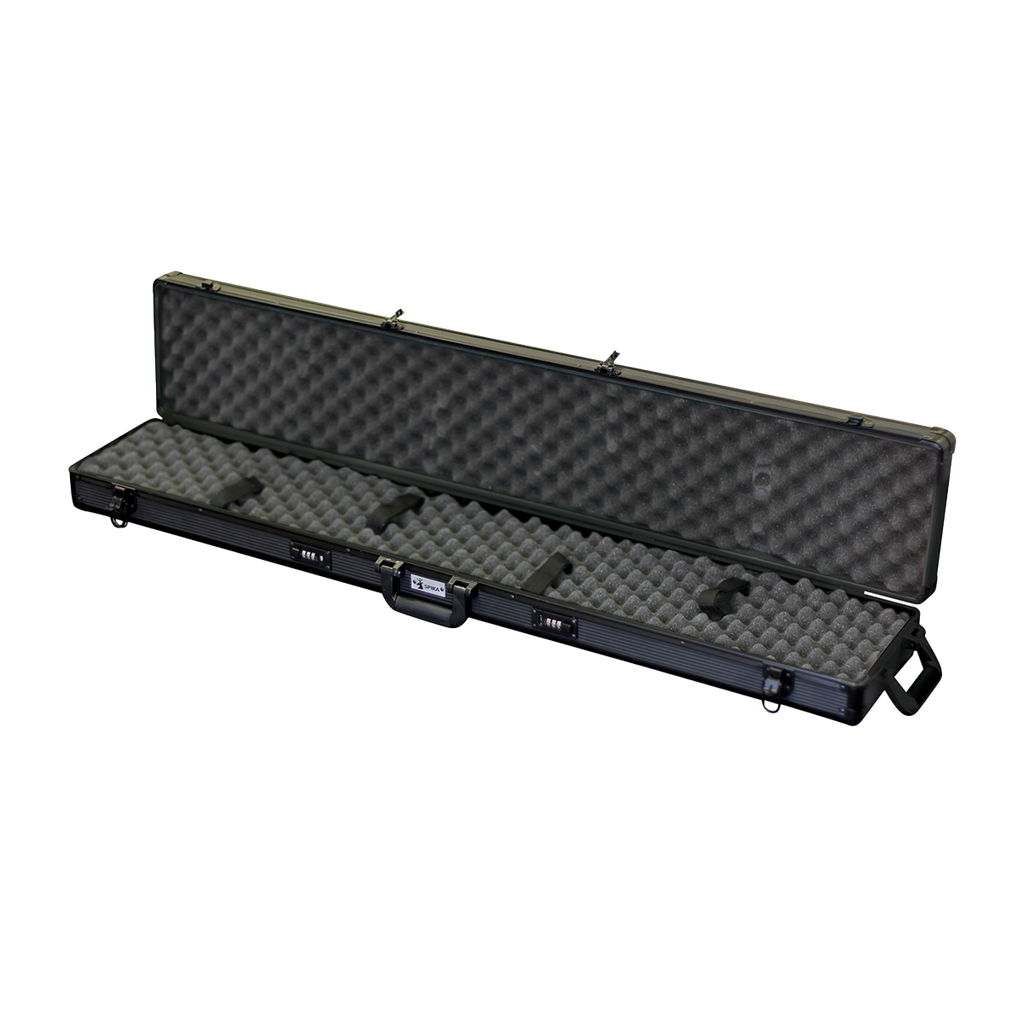 Spika rifle case in aluminium, open showing egg-crate foam lining