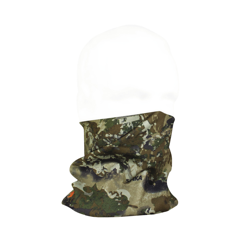 Spika Revolution v2 adult neck gaiter in Biarri Camo worn pulled up over the nose on a mannequin