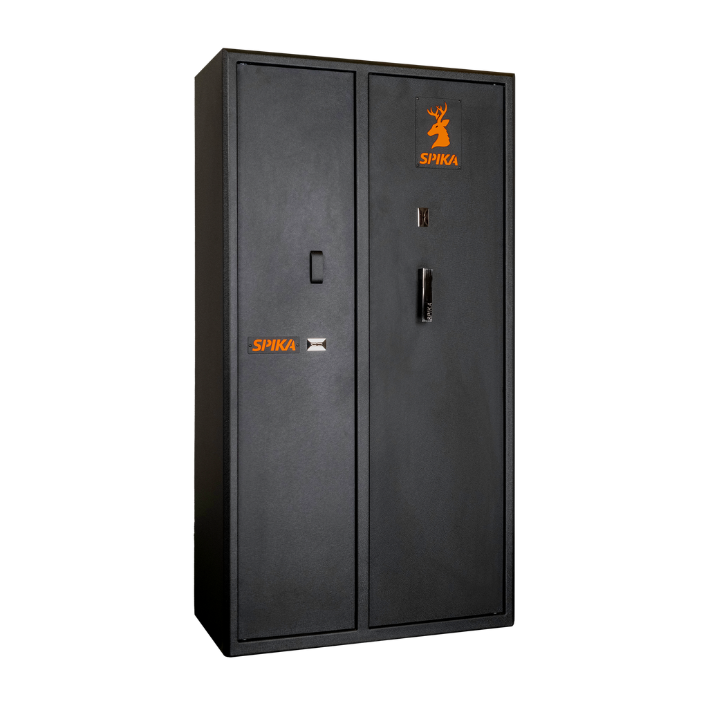 Spika SDD double door 9-gun safe, Category A/B, black with orange logo, three-quarter view