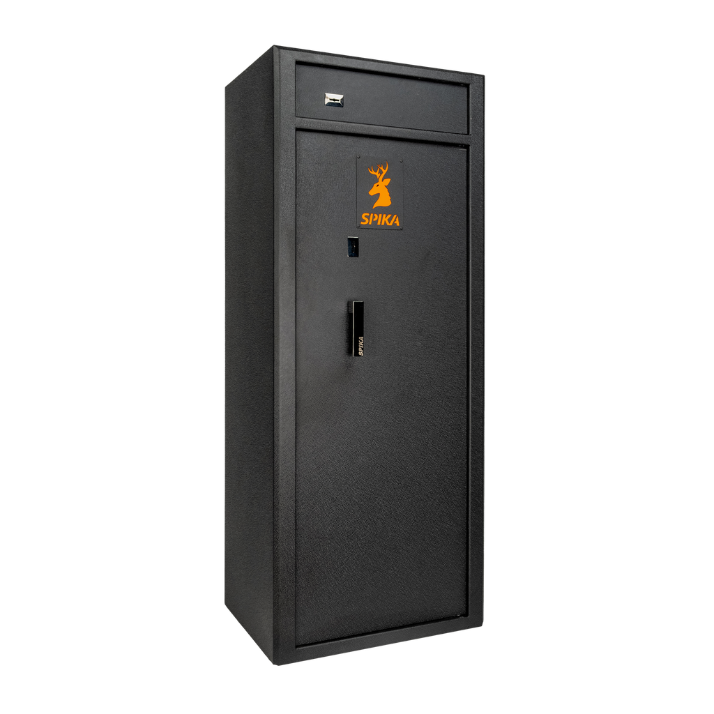 Spika S4 base range 15-gun safe, Category A/B, black with orange logo, three-quarter view