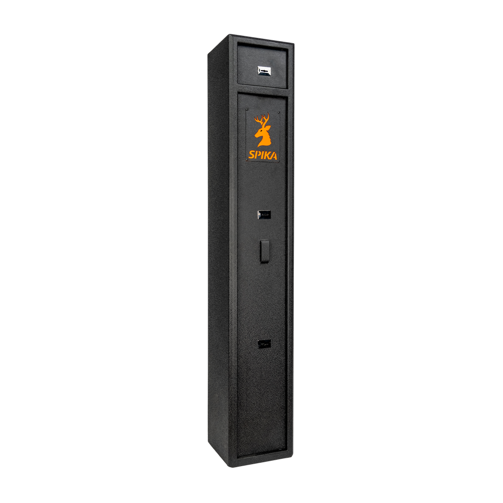 Spika S1 small 4-gun safe, Category A/B, in black with orange logo, front three-quarter view