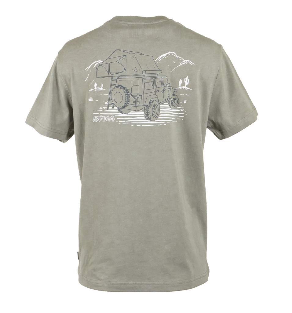Spika Offgrid women's t-shirt in Spearmint, back view with 4WD rooftop tent camping graphic