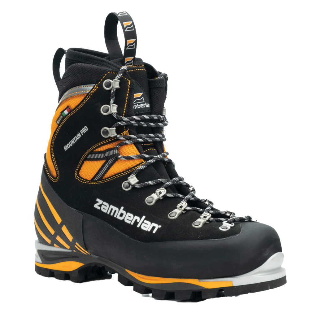 Zamberlan 2090 Mountain Pro Evo GTX men's mountaineering boot in black and orange, three-quarter front view