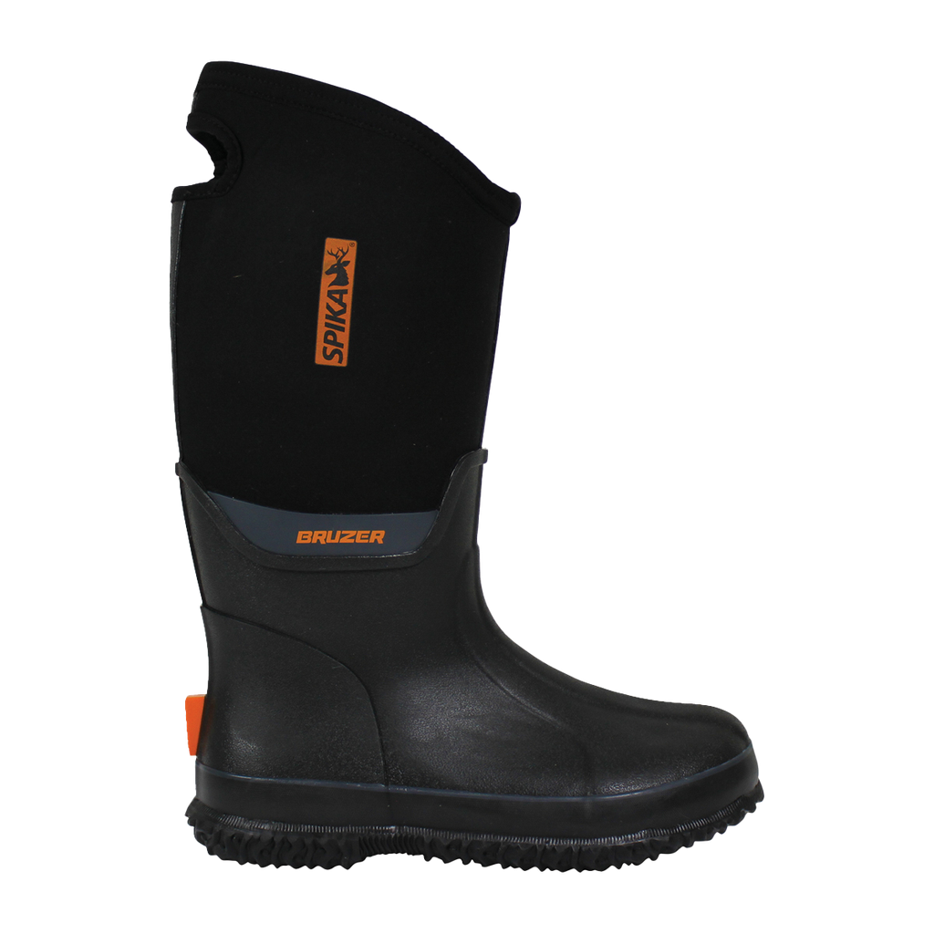 Spika Bruzer women's gumboot in black with tall neoprene upper and orange Spika tag, side view