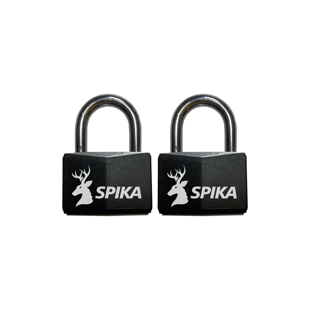 Spika P20 padlocks, two black padlocks with steel shackles and white Spika logo