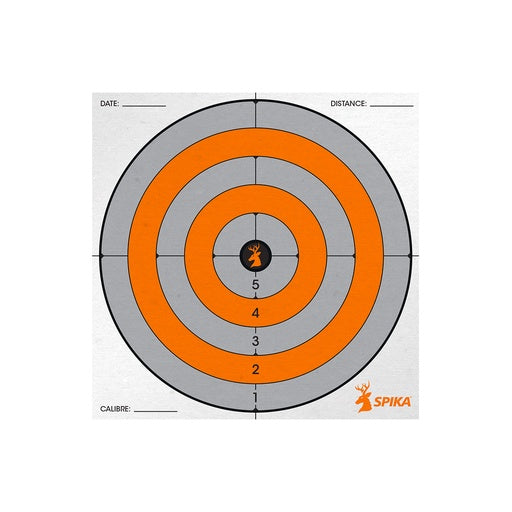 Spika paper shooting target with orange and grey scoring rings and date, distance and calibre fields