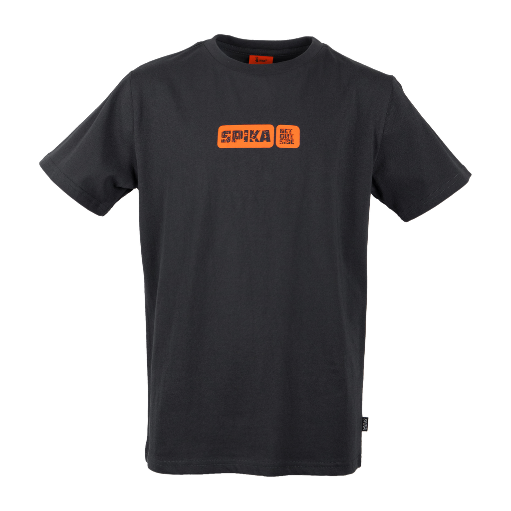 Spika Etched youth t-shirt in Graphite with orange Spika box logo on the chest, front view