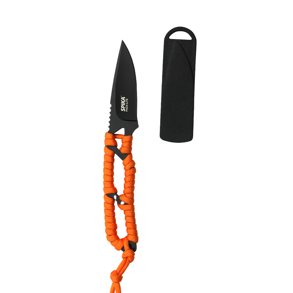 Spika PackLite fixed blade neck knife with black blade, orange paracord-wrapped handle and sheath
