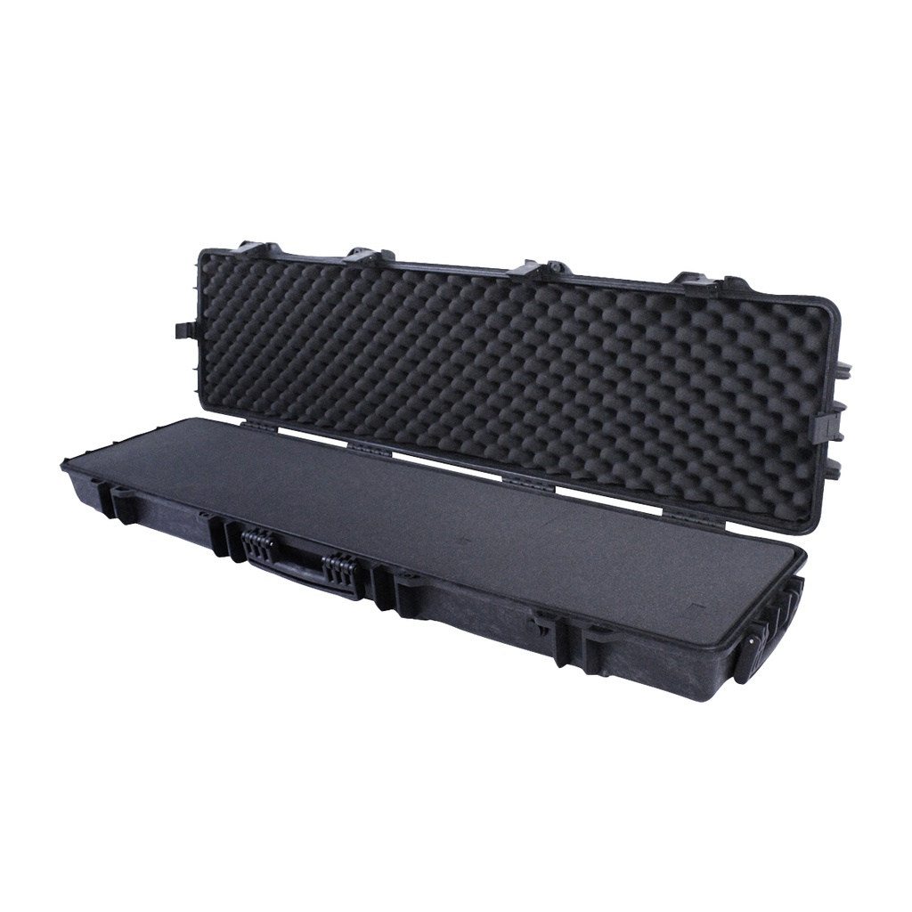 Spika double firearm case in black plastic, open showing egg-crate foam interior