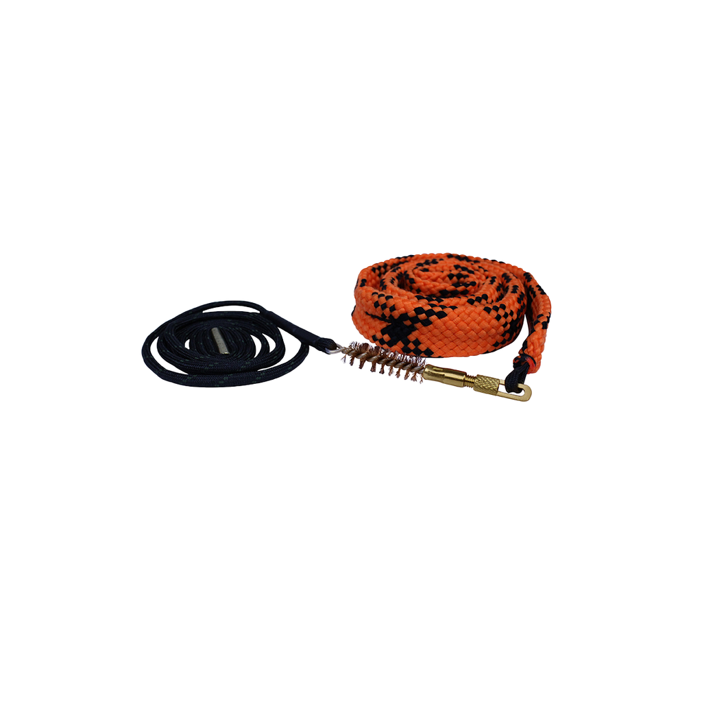 Spika barrel pull through bore cleaner in orange and black with bronze brush and weighted cord