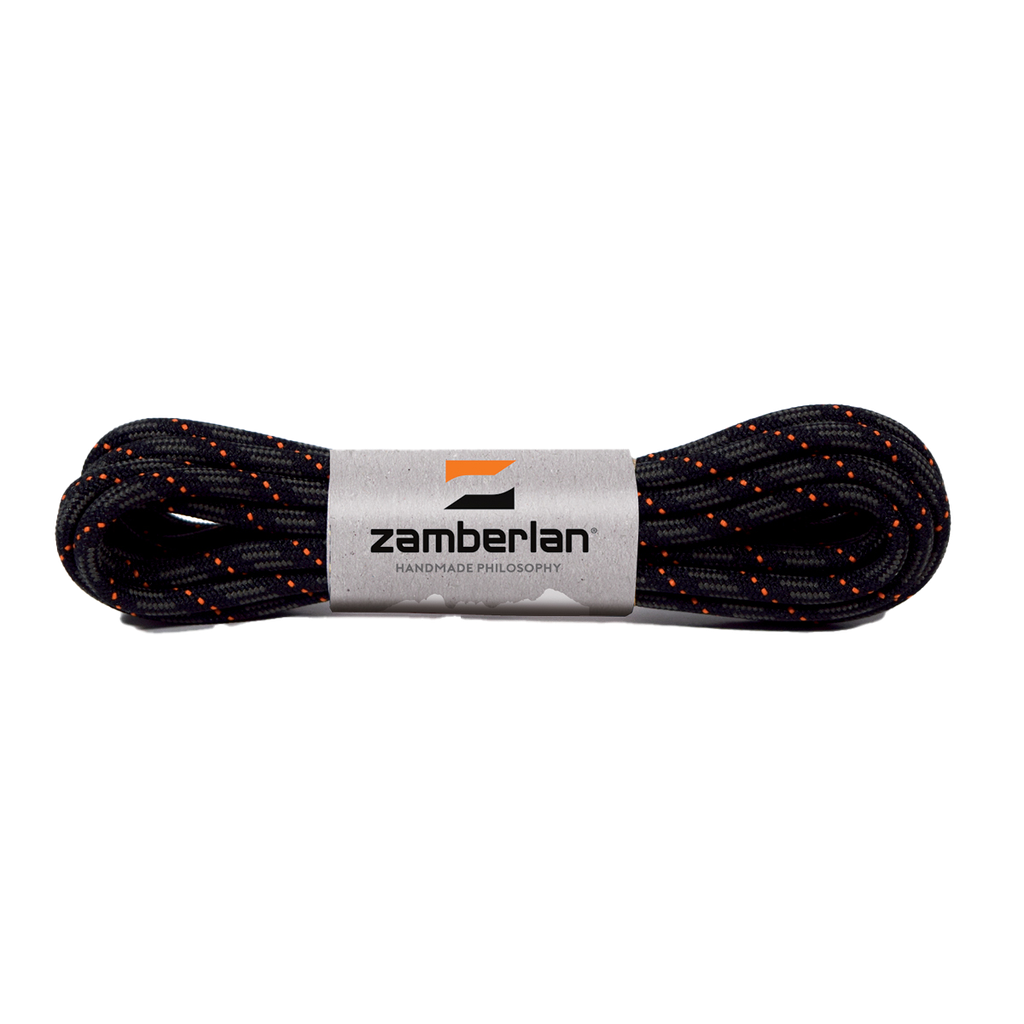 Zamberlan round boot laces, dark flecked with orange, coiled in Zamberlan branded band