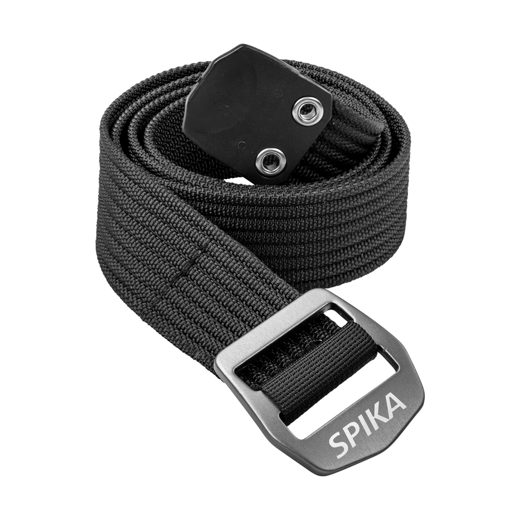 Spika Ranger Mk2 adult belt in Black, coiled webbing with grey alloy SPIKA buckle and end tip