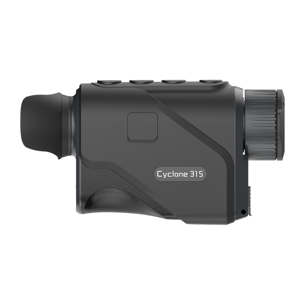 ThermTec Cyclone 315 thermal monocular in dark grey, side profile with Cyclone 315 model label
