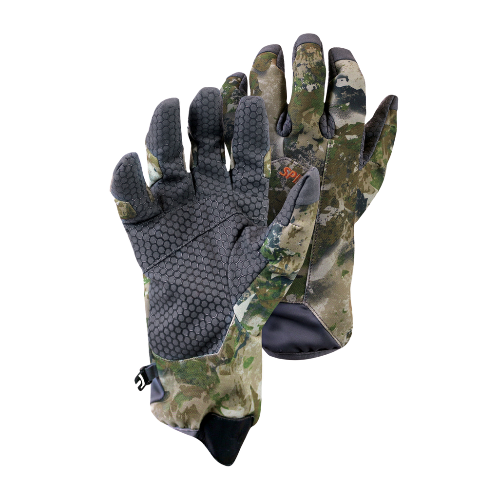 Spika Revolution men's hunting gloves in Biarri Camo, pair showing grippy palm and back of hand