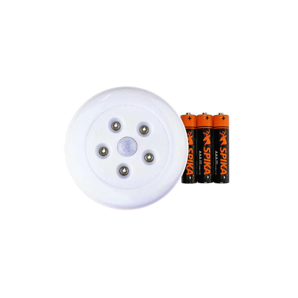 Spika LED motion sensor safe light, white round light shown with three batteries