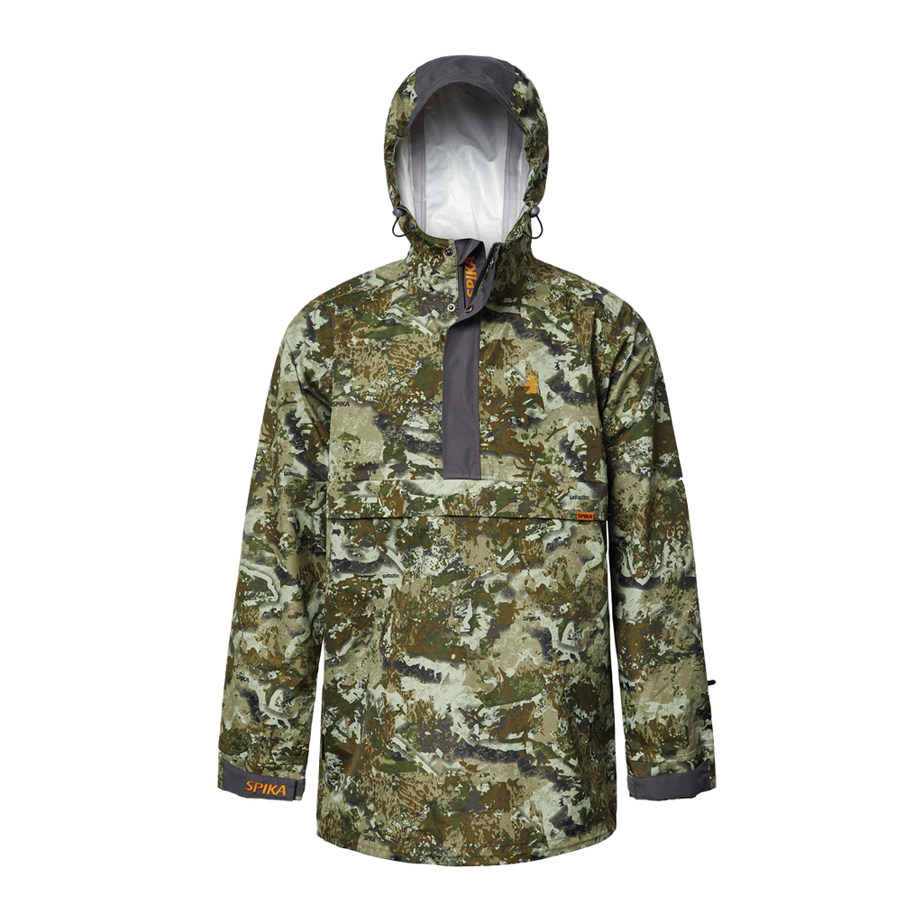 Spika Buckland men's waterproof hunting smock in Biarri Camo with hood up and half zip, front view