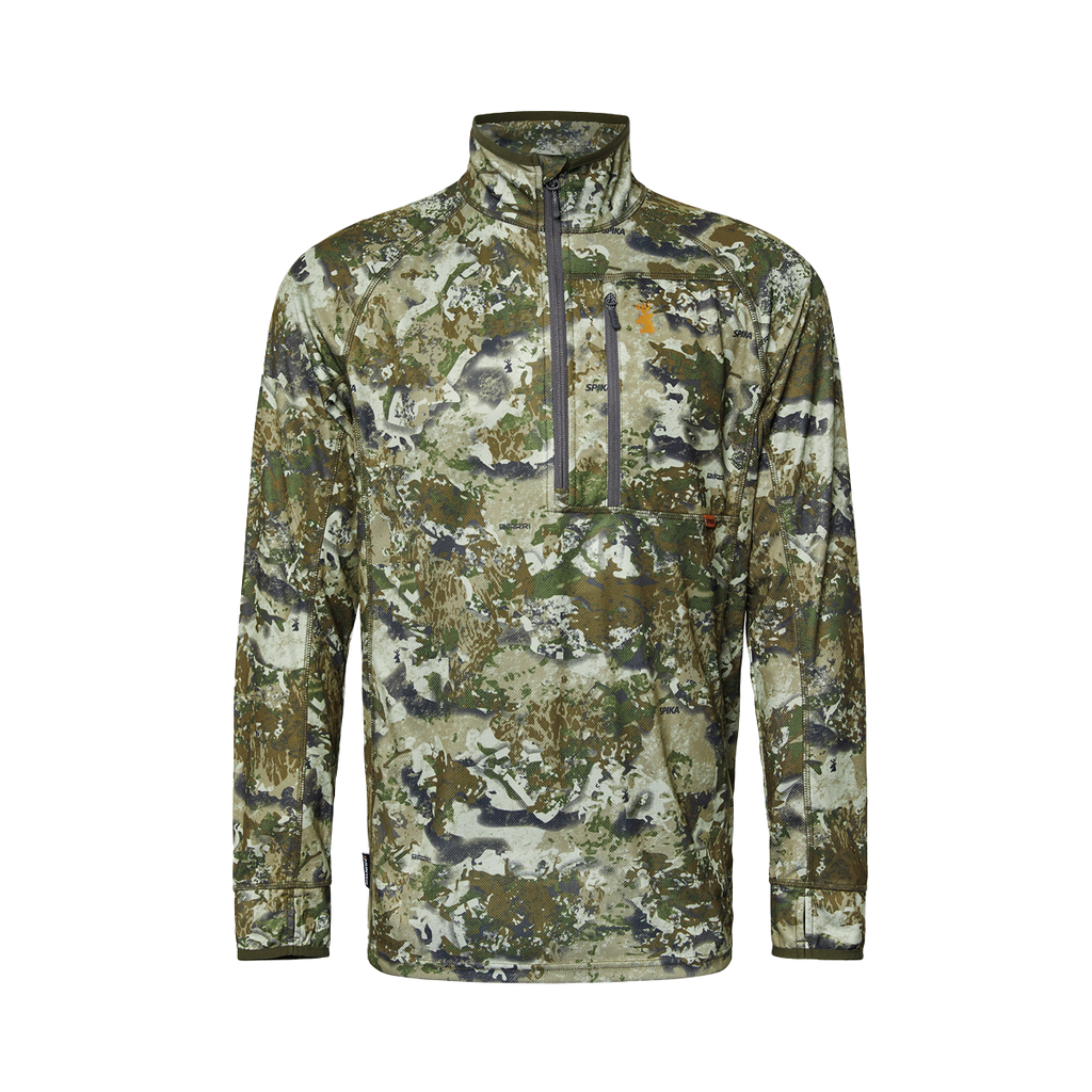 Spika Guide men's lightweight half-zip hunting top in Biarri Camo, front view with chest pocket