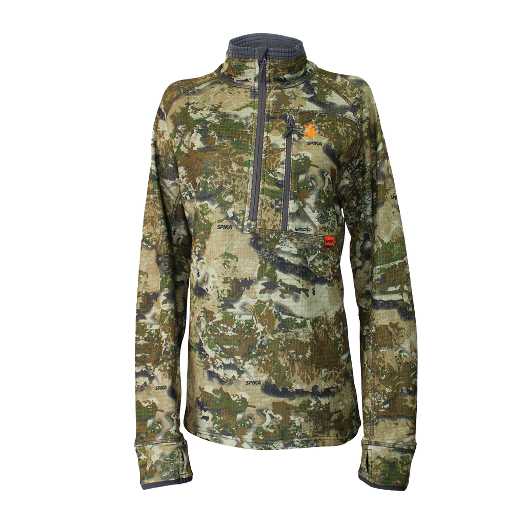 Spika Gridfleece women's half-zip hunting top in Biarri Camo, front view with zip chest pocket
