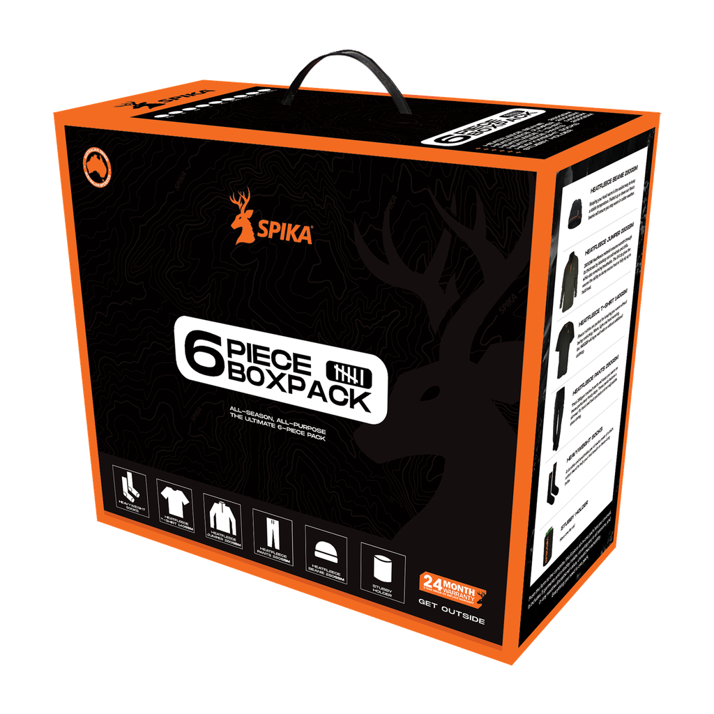 Spika men's 6 Piece Box Pack in black and orange gift box with stag logo and contents icons