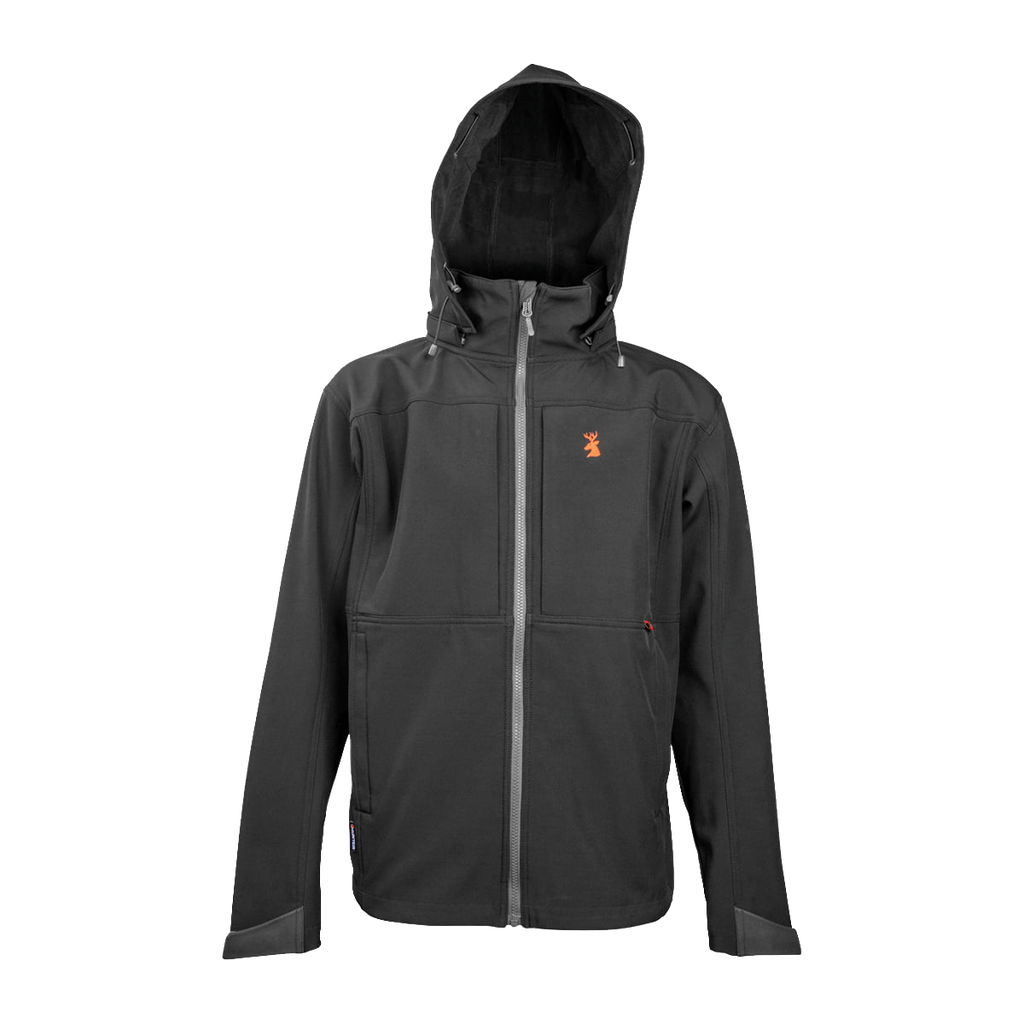 Spika GO men's softshell jacket in Black, front view with hood up and grey contrast zip