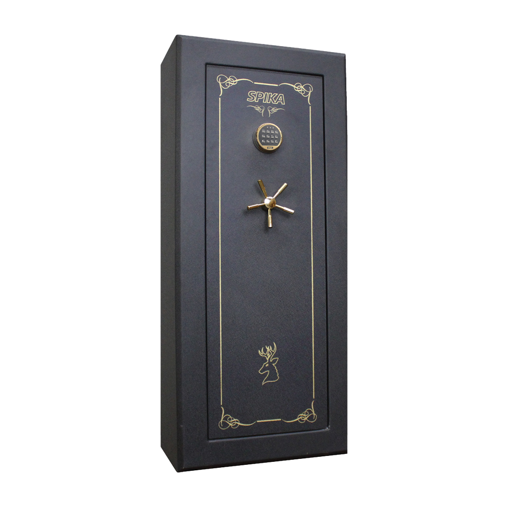 Spika SCH1-W premium 18-gun safe for WA Level 2 with keypad and brass handle, three-quarter view