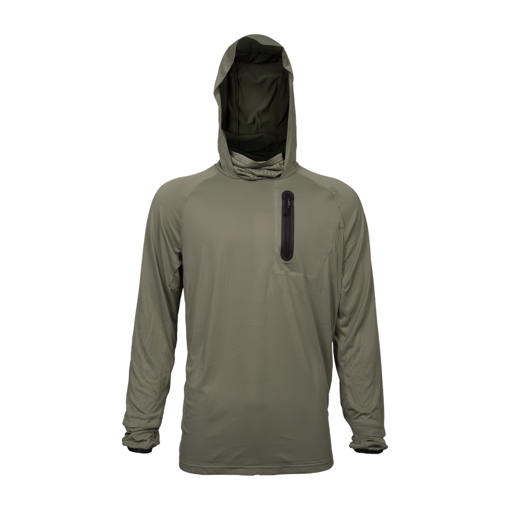 Spika Bandit men's lightweight hunting hoodie in Moss Green, front view with hood up