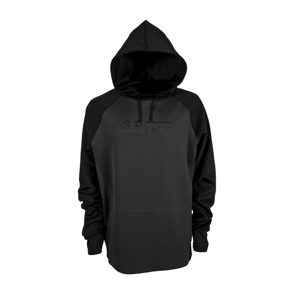 Spika GO Scuba men's hoodie in slate and black, front view with black raglan sleeves and hood