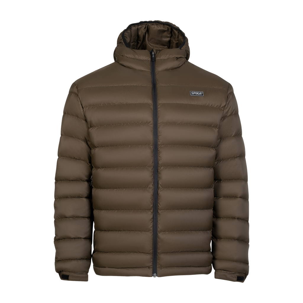 Spika Hideout men's packable puffer jacket in Mud Brown, front view with hood and full zip