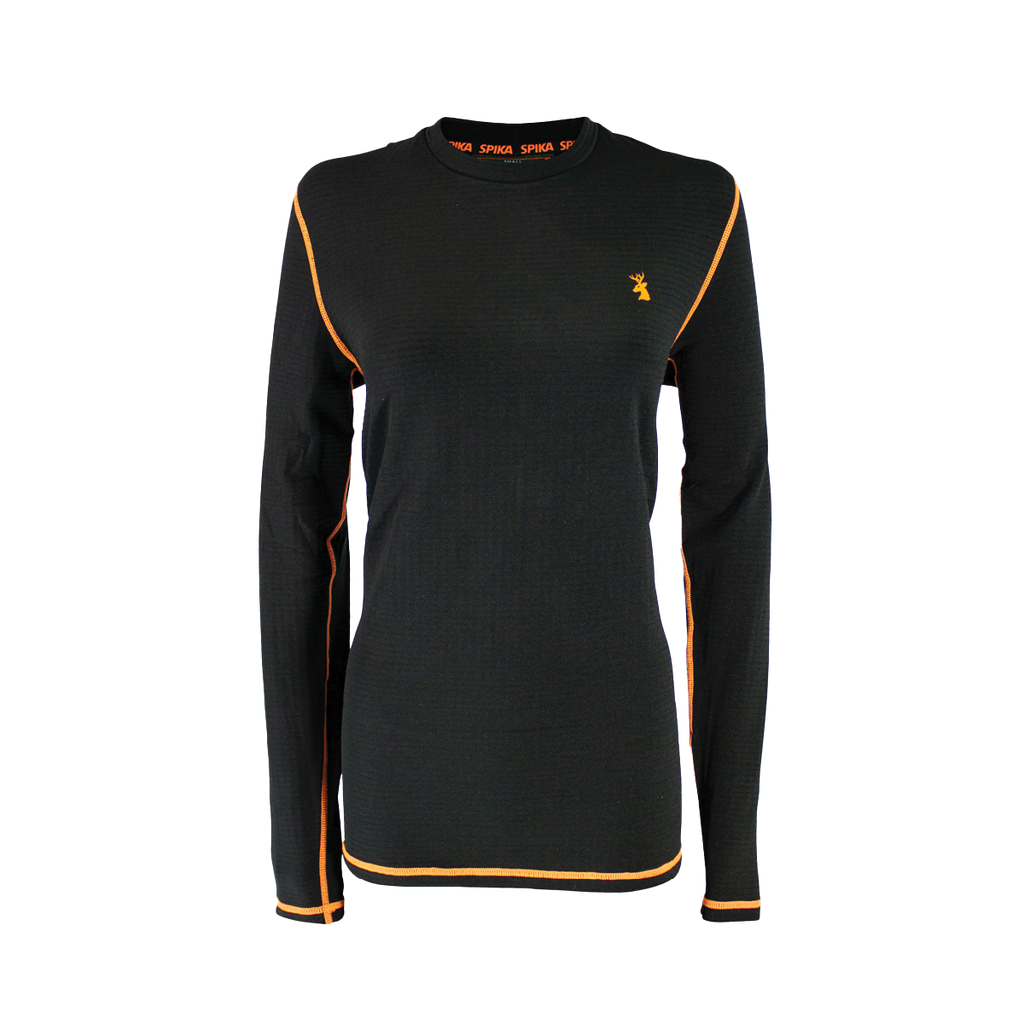 Spika ThermaFlow women's thermal base layer top in Black, front view with orange seams and stag logo