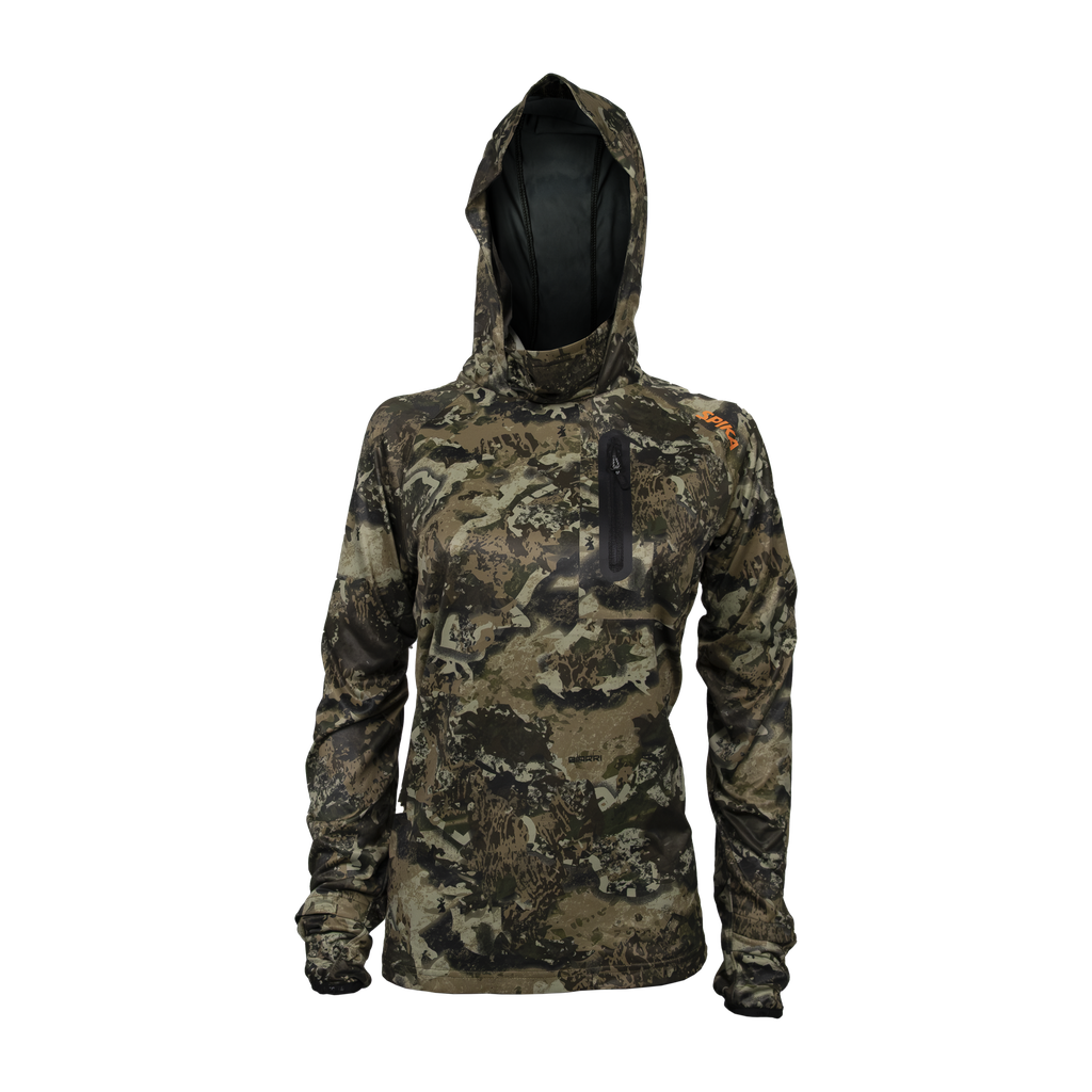 Spika Bandit women's hoodie in Biarri Camo with built-in face mask hood and chest zip pocket, front