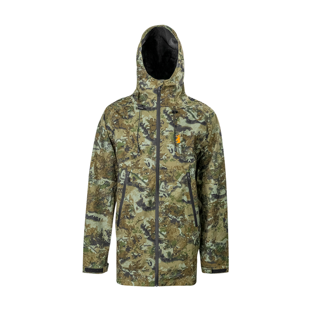 Spika Edge men's waterproof hunting jacket in Biarri Camo with hood and full zip, front view