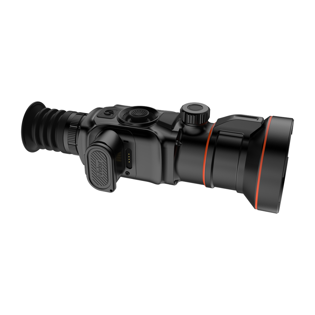 ThermTec Vidar 660 2.0 thermal compact scope, rear three-quarter view showing eyepiece, battery door and turret