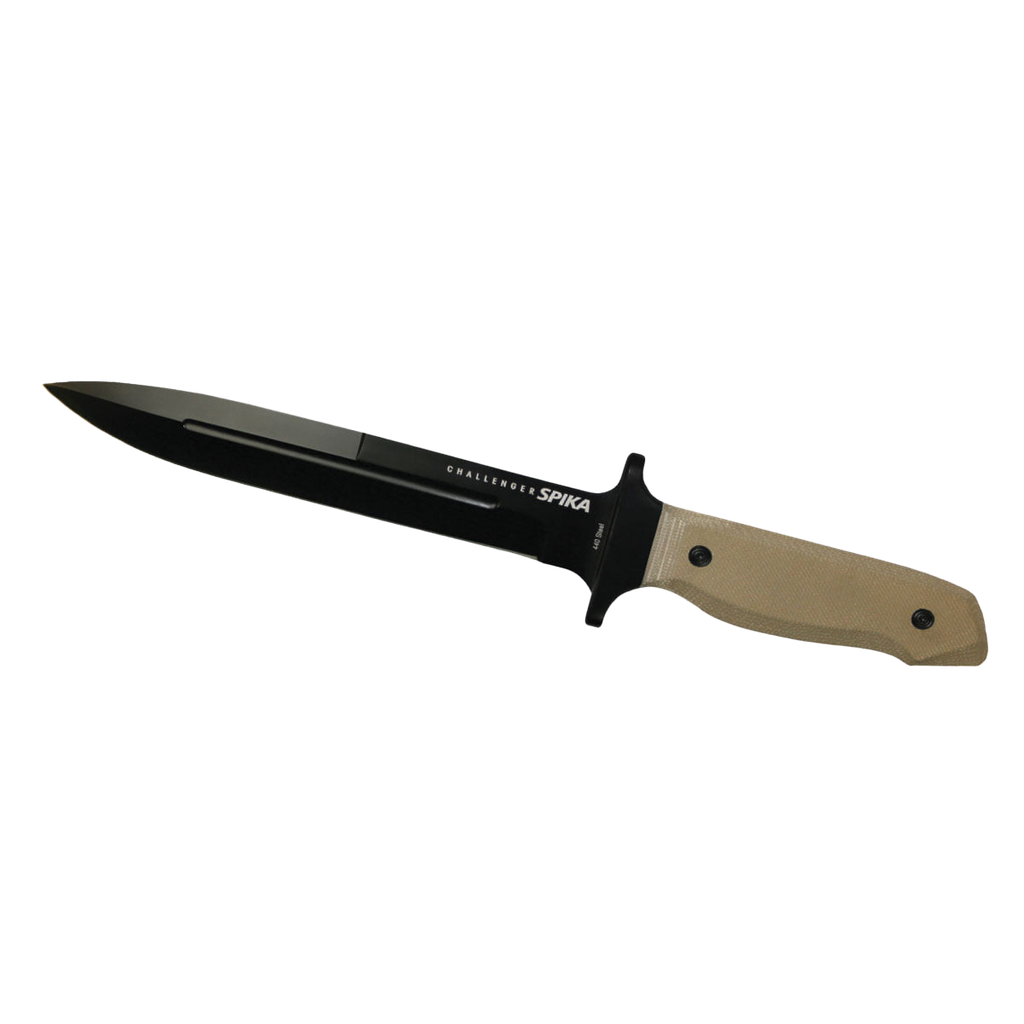 Spika Challenger pig sticker knife with black dagger blade, cross guard and tan textured handle
