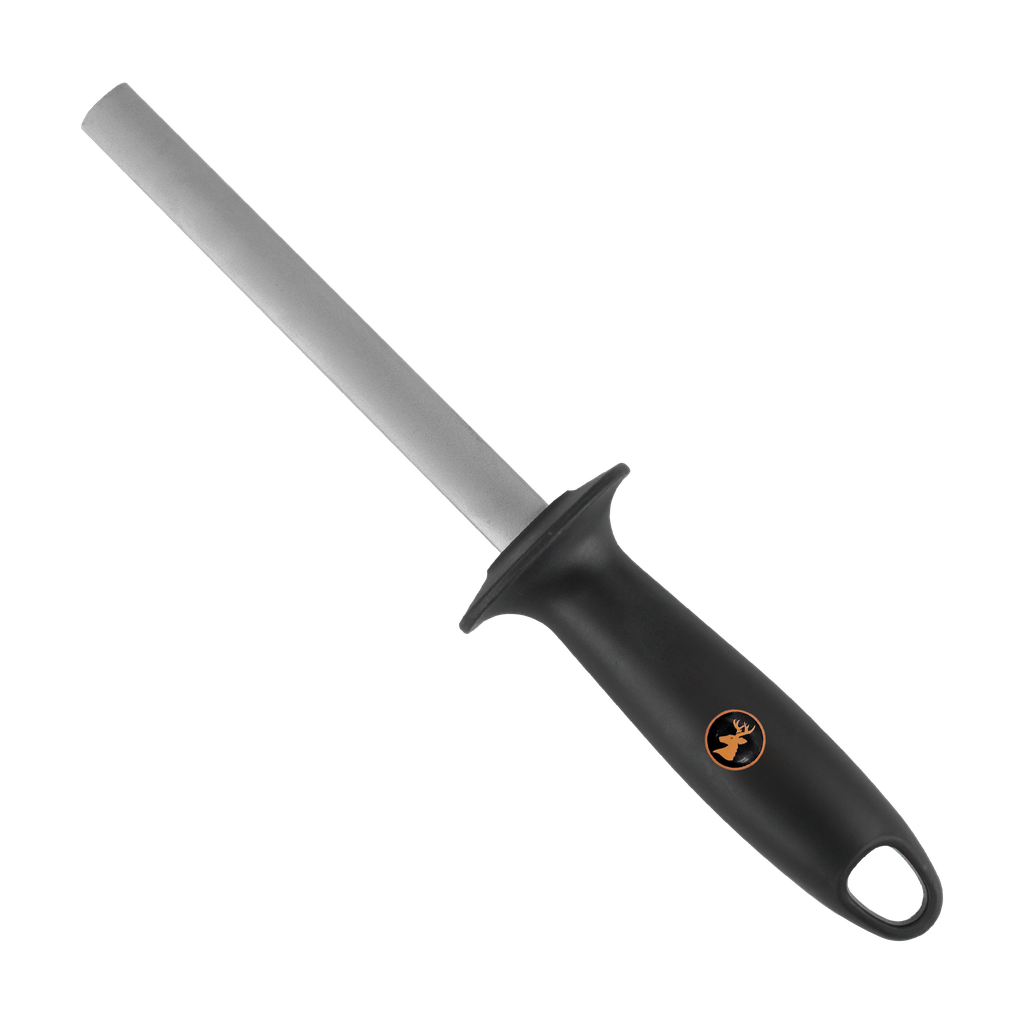 Spika Challenger sharpener with grey sharpening rod and black handle with orange logo