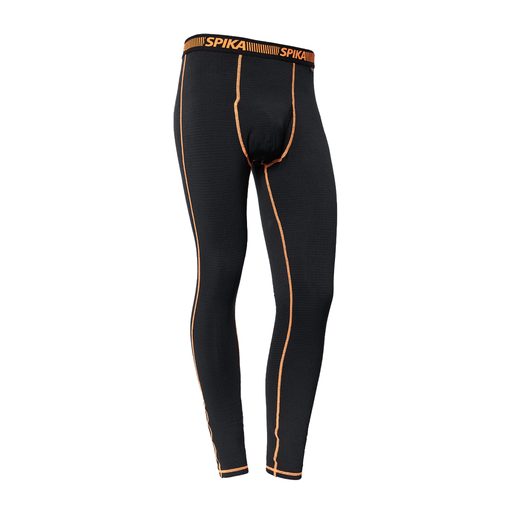 Spika ThermaFlow men's thermal base layer pants in Black with orange seams, front view