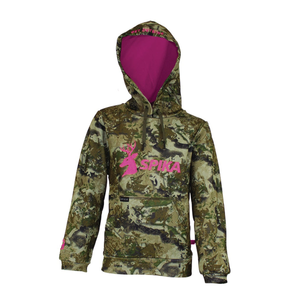 Spika GO Classic girls' hoodie in Biarri Camo, front view with pink hood lining and pink SPIKA logo