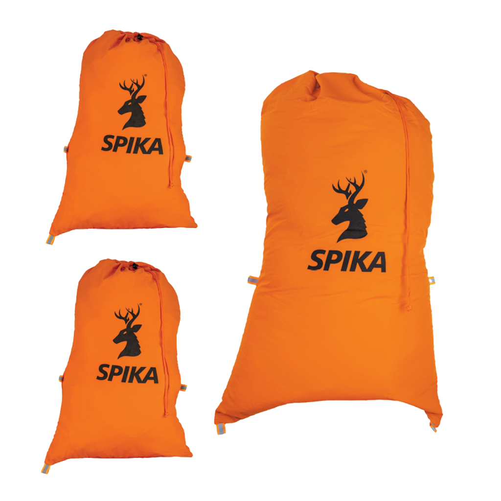 Spika Drover meat bag 3 pack in blaze orange, two small and one large drawstring bags with stag logo