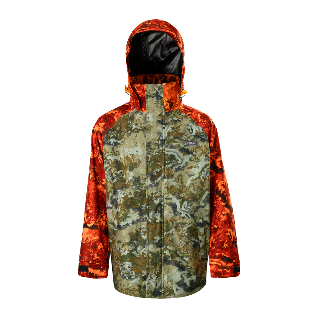 Spika Valley kids' waterproof hunting jacket in Biarri Camo with Blaze orange sleeves and hood, front