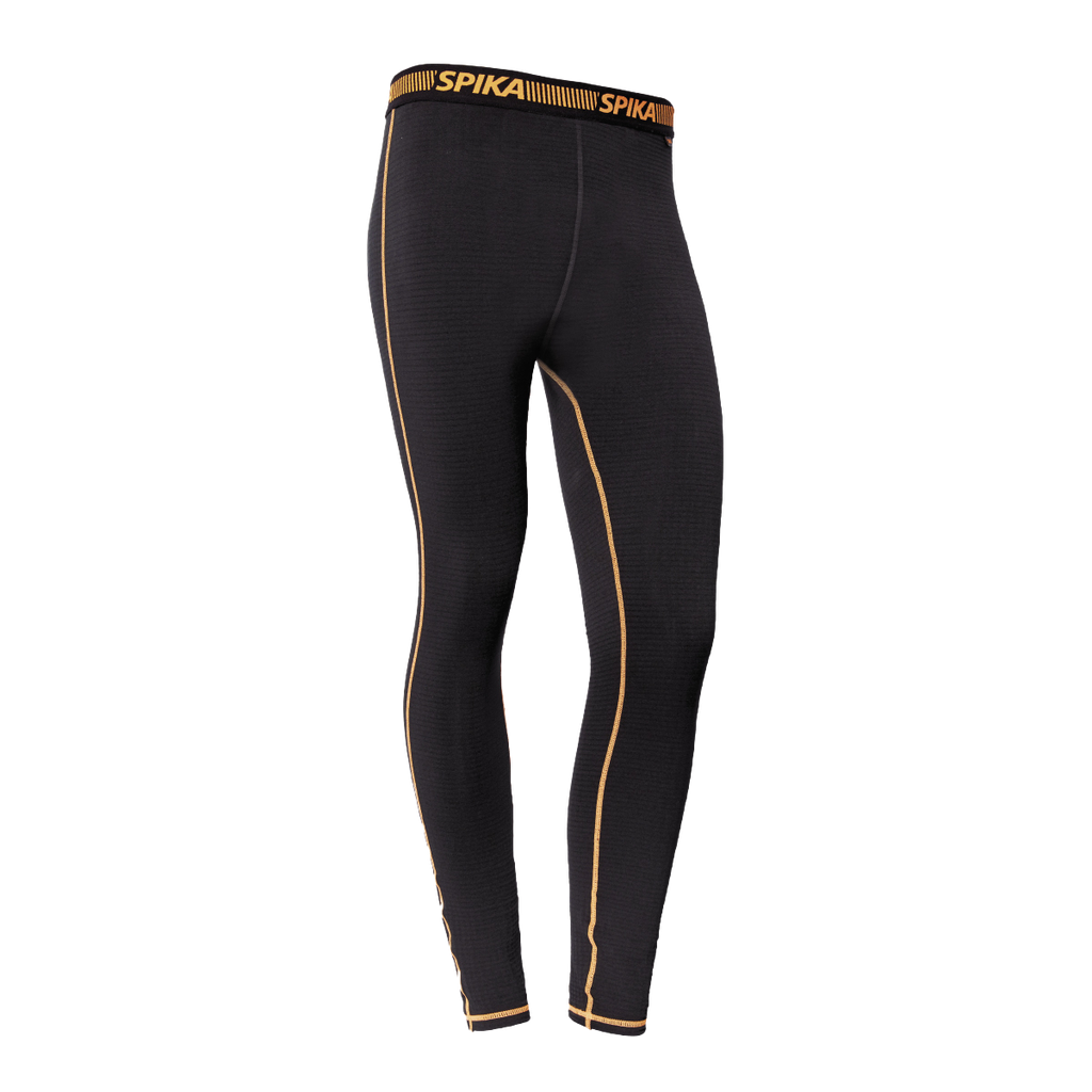 Spika ThermaFlow women's thermal base layer pants in Black with orange seams and Spika waistband