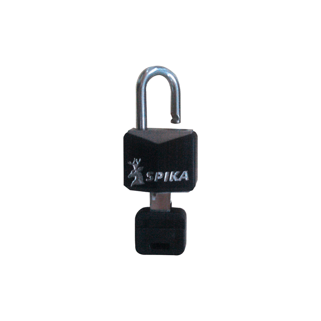 Spika padlock in black with silver shackle and Spika stag logo, shown with key