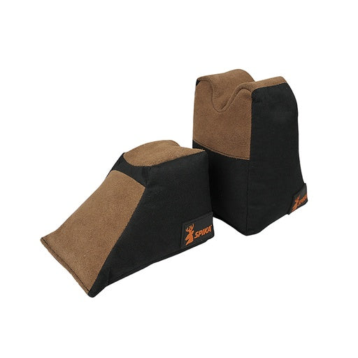 Spika front and rear shooting rest bags in black and tan with Spika logo
