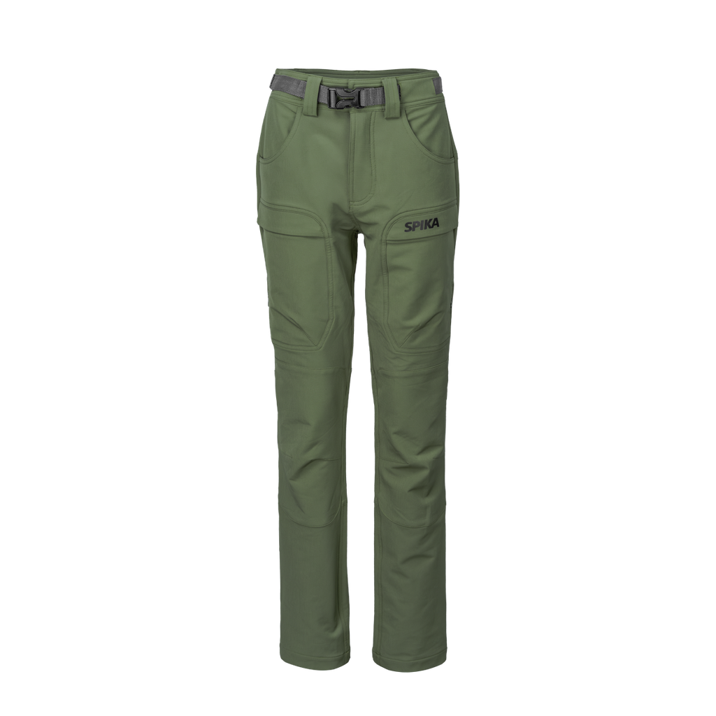 Spika Recon women's hunting pants in Ivy Green, front view with webbing belt and cargo pockets