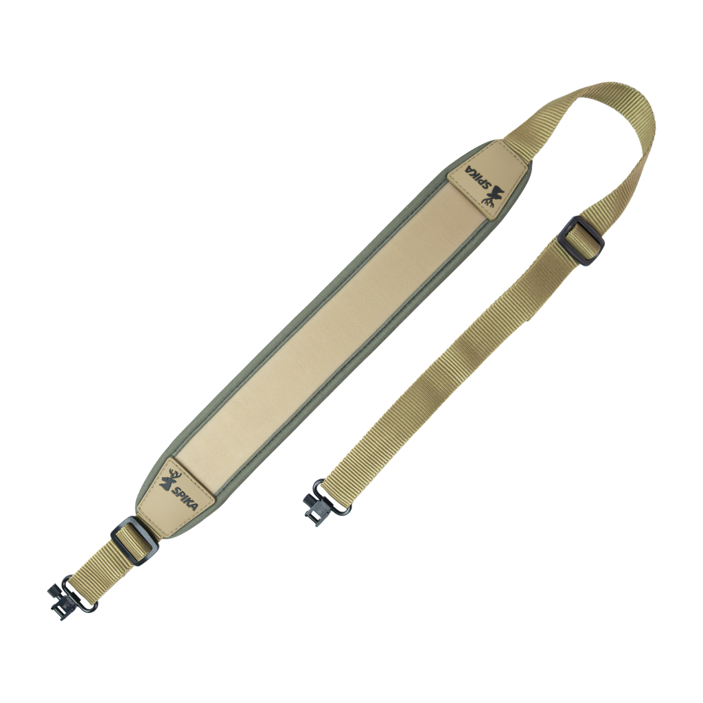 Spika Alpine rifle sling in tan with padded neoprene shoulder section, adjustable strap and swivels