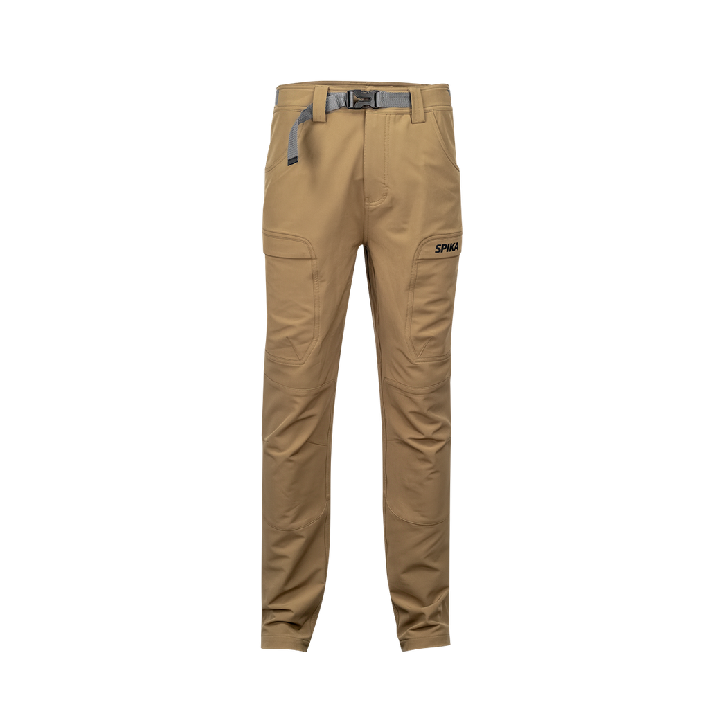 Spika Recon men's hunting pants in Khaki, front view with grey webbing belt and cargo pockets