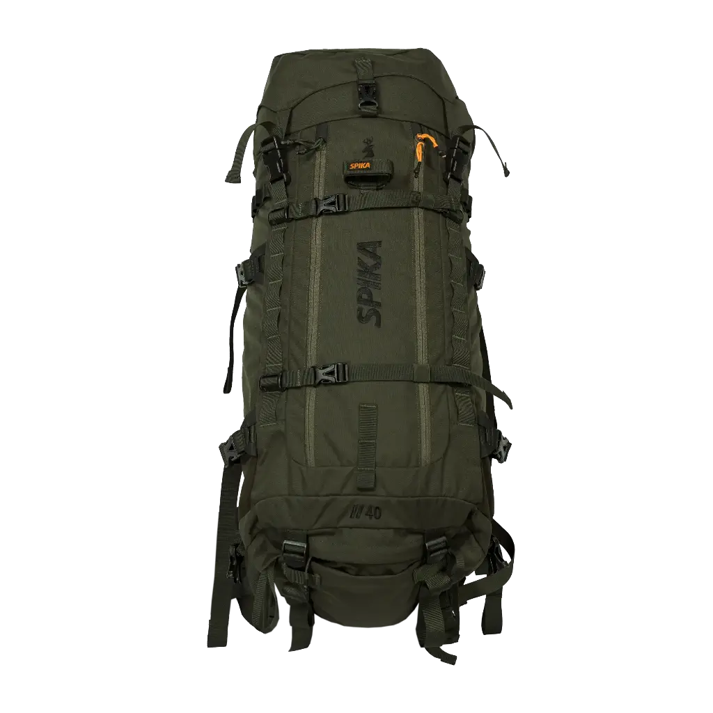 Spika Drover II Hauler 40L pack only in Olive Summit, front view of the bag with straps and vertical Spika logo