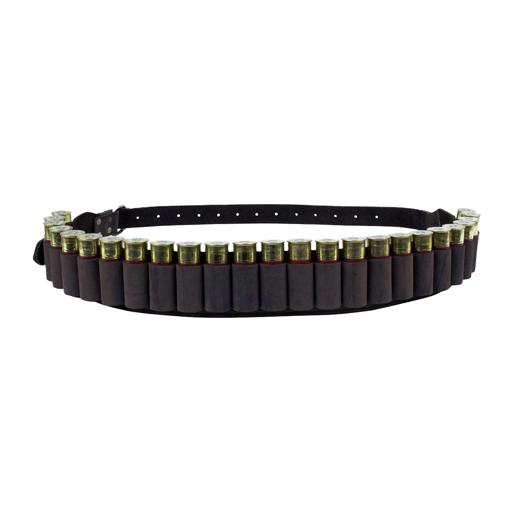 Spika leather 12 gauge shotgun ammo belt in dark brown, loaded with a full row of cartridges