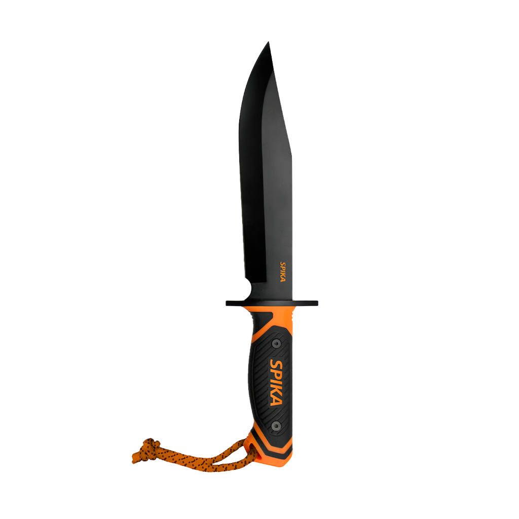 Spika Command Bowie knife with black clip point blade, orange and black grip and orange lanyard