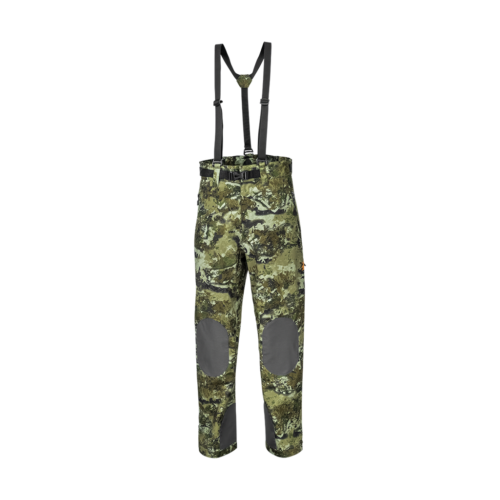 Spika Edge men's waterproof hunting pants in Biarri Camo with braces and grey knee patches, front