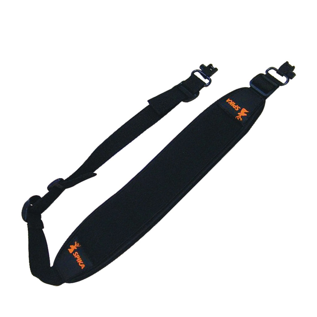 Spika Alpine rifle sling in black with padded neoprene shoulder section, orange logos and swivels